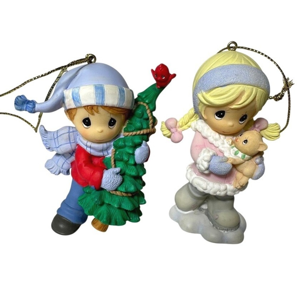 Precious Moments Christmas Ornaments 2pc 712003 Boy Girl Red Bird Kitten‎ Tree